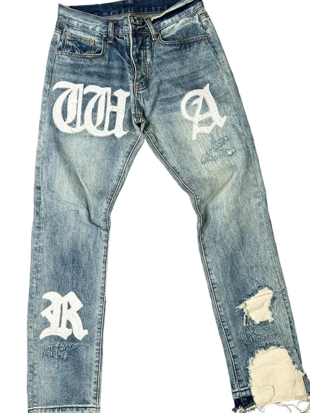 MNML Light Blue Distressed Graphic Slim Straight Jeans